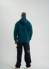 Unisex Uzun Kol Kapşonlu Yıkamalı Nakışlı weathirt  Koyu Deniz Yeşili