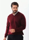 Unisex Uzun Kol V Yaka Triko Kazak  Bordo