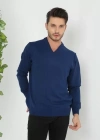 Unisex Uzun Kol V Yaka Triko Kazak  Indigo