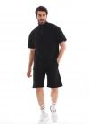 Unisex Yakalı Fermuarlı Oversize Thirt Şortlu Takım  iyah