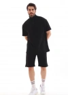Unisex Yakalı Fermuarlı Oversize Thirt Şortlu Takım  iyah