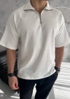 Unisex Yarım Fermuarlı Basic Thirt  Beyaz
