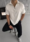 Unisex Yarım Fermuarlı Basic Thirt  Beyaz