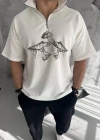 Unisex Yarım Fermuarlı Baskılı Oversize Thirt  Beyaz