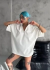 Unisex Yarım Fermuarlı Düz Oversize Thirt  Beyaz