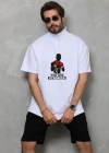 Unisex Yarım Fermuarlı Oversize Baskılı Thirt  Beyaz