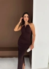 Uzun Abiye Elbise Yırtmaçlı ırt Dekolteli Şık Gece Elbisesi  Kahverengi