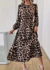 Uzun Kollu Bisiklet Yaka Leopar Desenli Midi Süprem Elbise