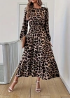 Uzun Kollu Bisiklet Yaka Leopar Desenli Midi Süprem Elbise