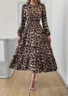Uzun Kollu Bisiklet Yaka Leopar Desenli Midi Süprem Elbise