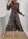 Uzun Kollu Bisiklet Yaka Leopar Desenli Midi Süprem Elbise
