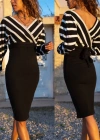 Uzun Kollu Kruvaze Yaka çizgi Desenli Kısa Triko Elbise