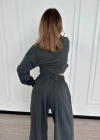 Uzun Kollu Önü İp Büzgülü Crop Ve Pantolon İkili Takım  Antrasit
