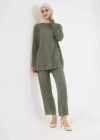 Uzun Kollu Organik Yıkanmış Kumaş Fitilli Pantalonlu Takım  Yeşil