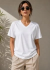 V Yaka Basic Tişört Kısa Kol Yazlık Regular Fit Thirt  Beyaz