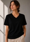 V Yaka Basic Tişört Kısa Kol Yazlık Regular Fit Thirt  iyah