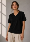 V Yaka Basic Tişört Kısa Kol Yazlık Regular Fit Thirt  iyah