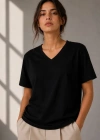 V Yaka Basic Tişört Kısa Kol Yazlık Regular Fit Thirt  iyah