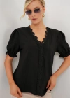 V Yaka Dantelli Bluz 956  Siyah