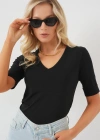 V Yaka Kısa Kol Basic Bluz 955  Siyah