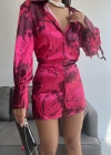 Vatkalı Manşet Detaylı Gömlek Elbise  Fuşya
