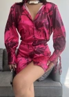 Vatkalı Manşet Detaylı Gömlek Elbise  Fuşya