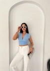 Vatkalı Kolsuz V Yaka Drapeli Crop Bluz ikralı Fit  Bebek avisi