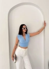 Vatkalı Kolsuz V Yaka Drapeli Crop Bluz ikralı Fit  Bebek avisi