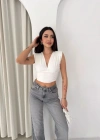Vatkalı Kolsuz V Yaka Drapeli Crop Bluz ikralı Fit  Beyaz