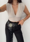 Vatkalı Kolsuz V Yaka Drapeli Crop Bluz ikralı Fit  Boyalı Gri