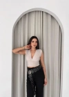 Vatkalı Kolsuz V Yaka Drapeli Crop Bluz ikralı Fit  Boyalı Gri