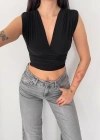 Vatkalı Kolsuz V Yaka Drapeli Crop Bluz ikralı Fit  iyah