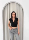 Vatkalı Kolsuz V Yaka Drapeli Crop Bluz ikralı Fit  iyah
