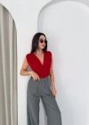 Vatkalı Kolsuz V Yaka Drapeli Crop Bluz ikralı Fit  Kırmızı