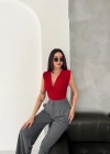 Vatkalı Kolsuz V Yaka Drapeli Crop Bluz ikralı Fit  Kırmızı
