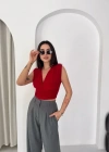 Vatkalı Kolsuz V Yaka Drapeli Crop Bluz ikralı Fit  Kırmızı
