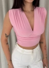 Vatkalı Kolsuz V Yaka Drapeli Crop Bluz ikralı Fit  Pembe