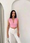 Vatkalı Kolsuz V Yaka Drapeli Crop Bluz ikralı Fit  Pembe