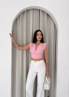Vatkalı Kolsuz V Yaka Drapeli Crop Bluz ikralı Fit  Pembe