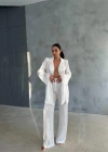 VİSKON JAKARLI BAĞLAALI GÖLEK  PANTOLON TAKI  Beyaz