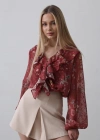 Volanlı Çiçek Desen Şifon Gömlek  Bordo