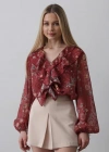 Volanlı Çiçek Desen Şifon Gömlek  Bordo
