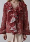 Volanlı Çiçek Desen Şifon Gömlek  Bordo