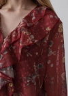 Volanlı Çiçek Desen Şifon Gömlek  Bordo