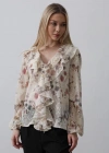 Volanlı Çiçek Desen Şifon Gömlek  Krem