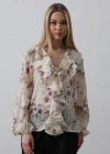Volanlı Çiçek Desen Şifon Gömlek  Krem