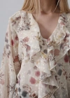 Volanlı Çiçek Desen Şifon Gömlek  Krem