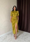 Yağ Yeşili Büzgülü aten Elbise