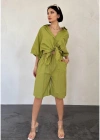 Yağ Yeşili Kısa Kollu Keten Gömlek Ve Şort Takım