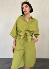 Yağ Yeşili Kısa Kollu Keten Gömlek Ve Şort Takım